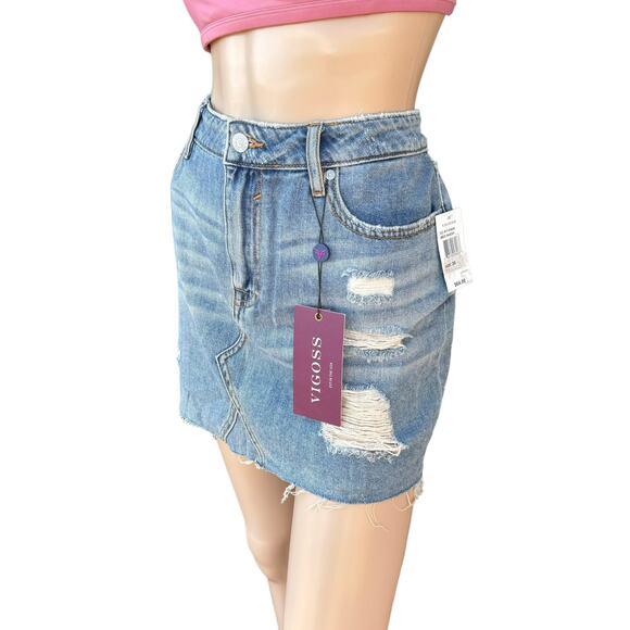 New Vigoss Jagger Women's Blue Medium Wash Classic Fit Distressed Jean Skirt W30 - Picture 1 of 11